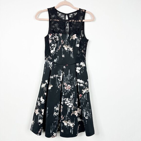 White House Black Market Floral Print Fit and Flare Dress Black 00 #BAG10 - Picture 3 of 11